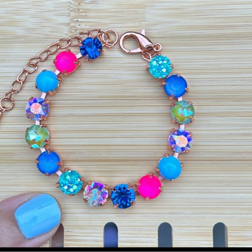 Sapphire Aurora Borealis + Fuchsia Hot Pink “Lillie” Crystal Tennis Bracelet - Picture 5 of 14
